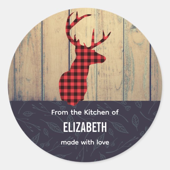 Deer Head with Antlers on Faux Wood Kitchen Classic Round Sticker (Front)