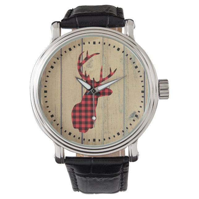 Deer Head with Antlers on Faux Wood Watch (Front)