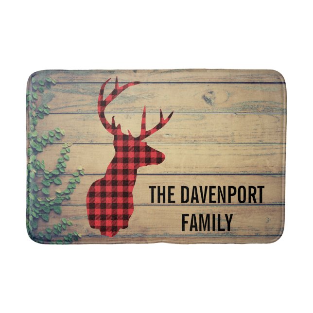 Deer Head with Antlers on Wood Planks with Leaves Bath Mat (Front)