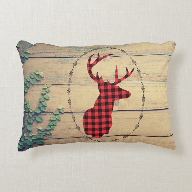 Deer Head with Antlers  on Wood Planks with Leaves Decorative Cushion (Front)