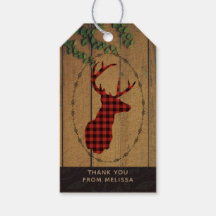 Deer Head with Antlers on Wood Planks with Leaves Gift Tags
