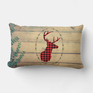 Deer head with Antlers  on Wood Planks with Leaves Lumbar Cushion