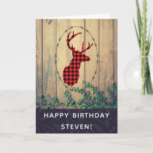 Deer head with Antlers - Red Plaid Rustic Birthday Card