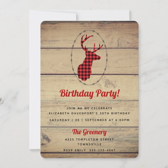 Deer head with Antlers - Red Plaid Rustic Birthday Invitation (Front)