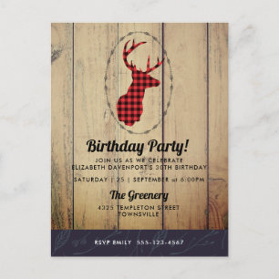 Deer head with Antlers - Red Plaid Rustic Birthday Postcard
