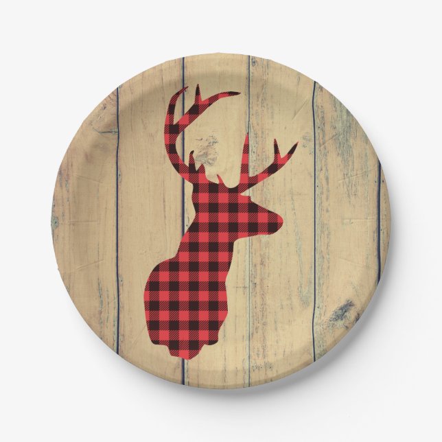 Deer head with Antlers - Red Plaid Rustic Paper Plate (Front)