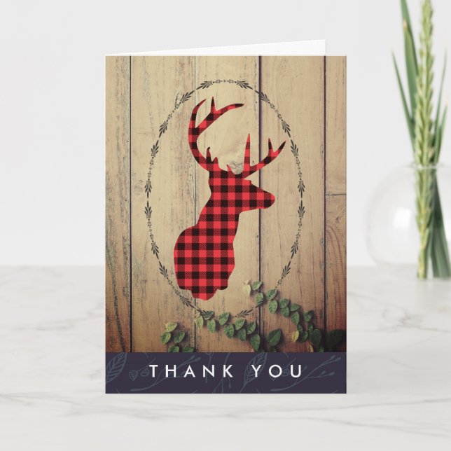 Deer head with Antlers Red Plaid Rustic Thank You Card (Front)