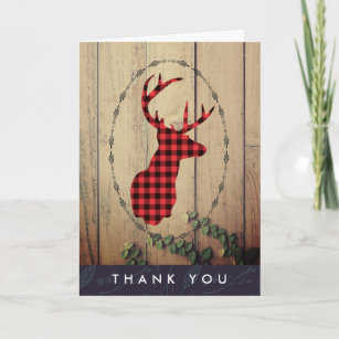Deer head with Antlers Red Plaid Rustic Thank You Card