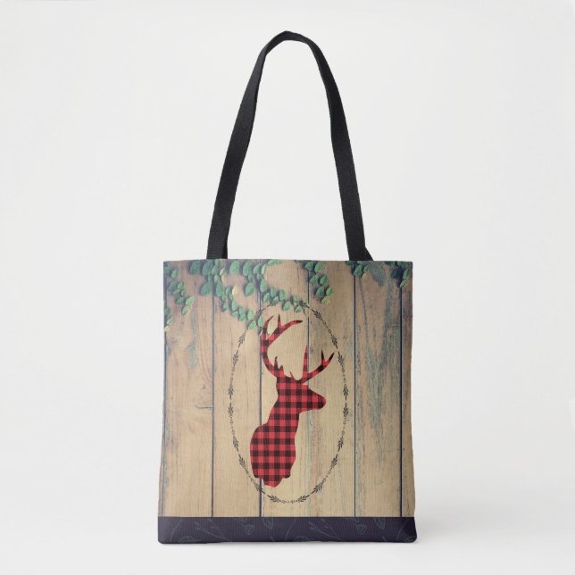 Deer head with Antlers - Red Plaid Rustic Tote Bag (Front)