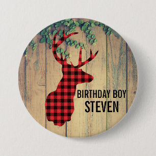 Deer Head with Antlers - Rustic Red Plaid 7.5 Cm Round Badge