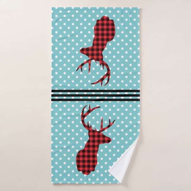 Deer Head with Antlers - Rustic Red Plaid Bath Towel Set (Bath Towel)