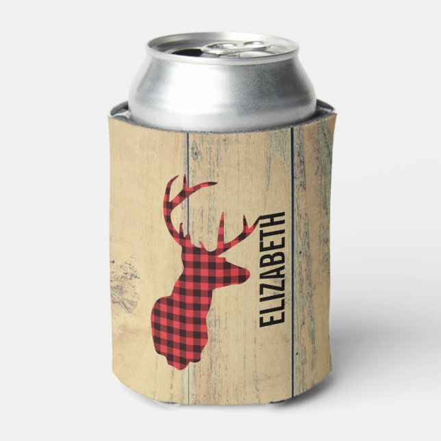 Deer Head with Antlers - Rustic Red Plaid Can Cooler (Can Front)