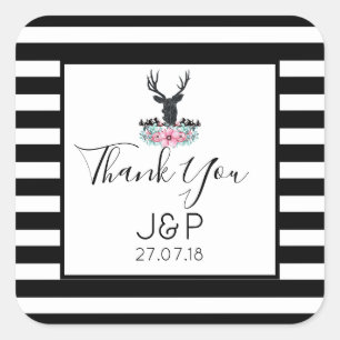 Deer Head with Flowers & Mountains Wedding Thanks Square Sticker