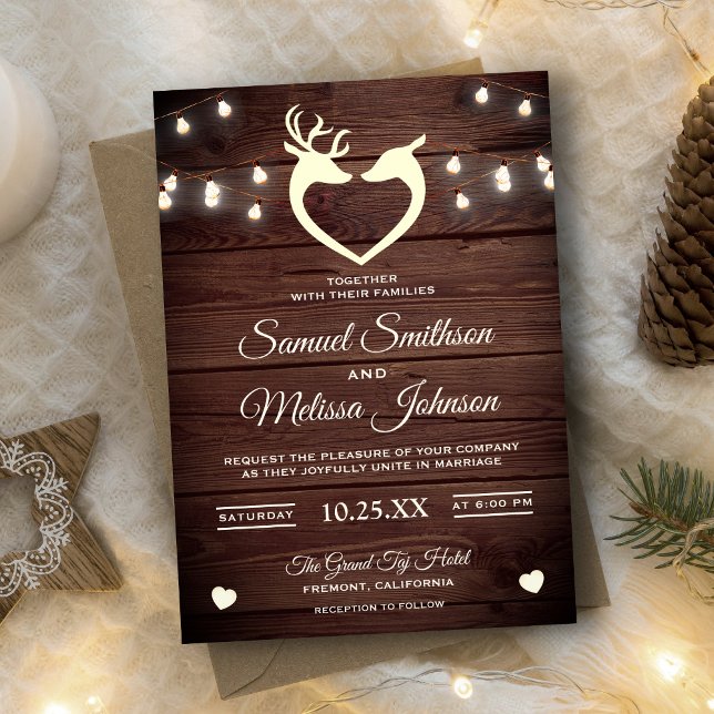 Deer Heart String Lights Rustic Wood Wedding Invitation (Creator Uploaded)