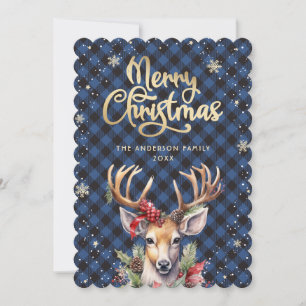 Deer Holly Red Berries Snowflakes Christmas Card