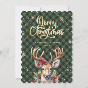 Deer Holly Red Berries Snowflakes Green Christmas Holiday Card