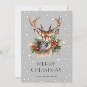 Deer Holly Stars Snowflakes Merry Christmas Card