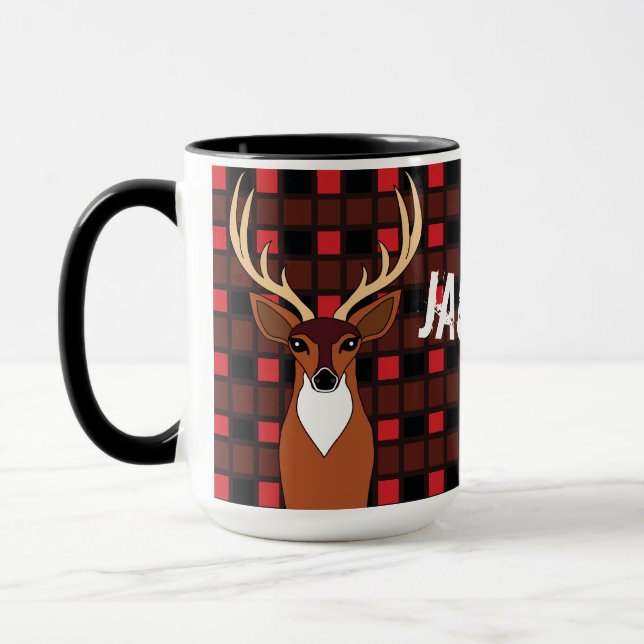 Deer Hunter Antlers Plaid Personalised Mug (Left)