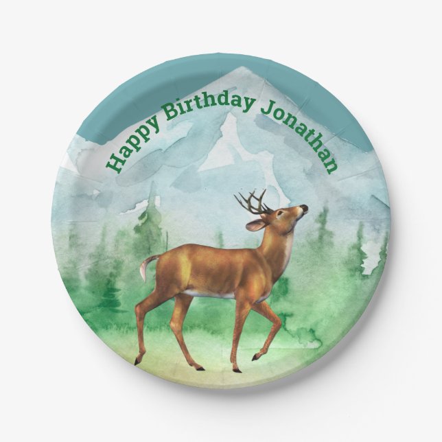 Deer Hunter Birthday Woodland Paper Plate (Front)