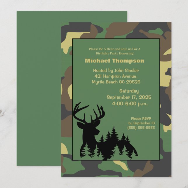 Deer Hunter Camouflage Birthday Invitation (Front/Back)