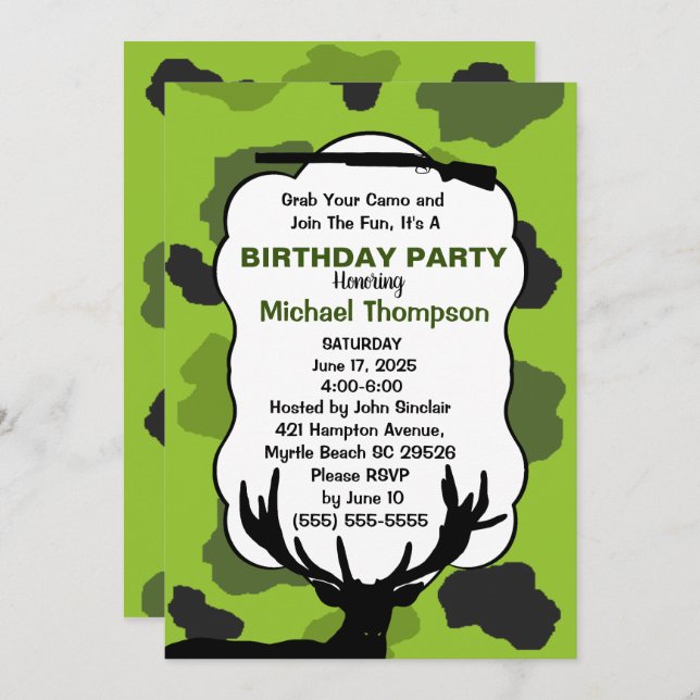 Deer Hunter Camouflage Birthday Party Invitation (Front/Back)