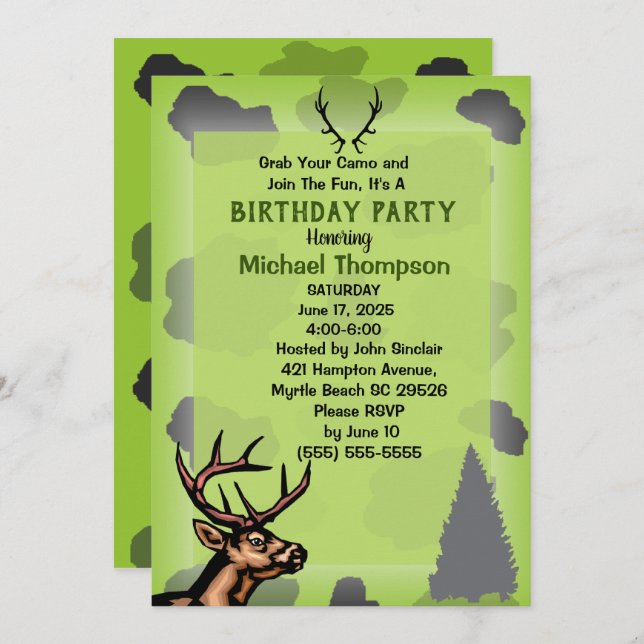Deer Hunter Camouflage Birthday Party Invitation (Front/Back)