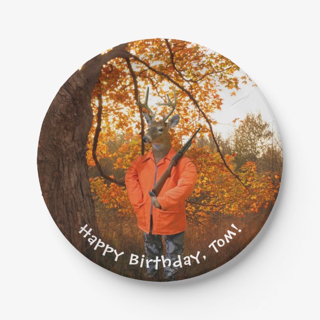 Deer Hunter in woods with gun birthday Paper Plate (Front)
