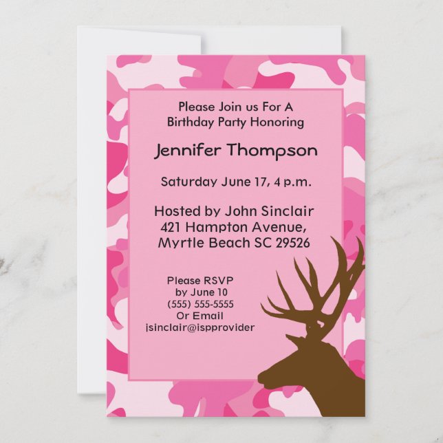 Deer Hunter Pink Camouflage Birthday Invitation (Front)