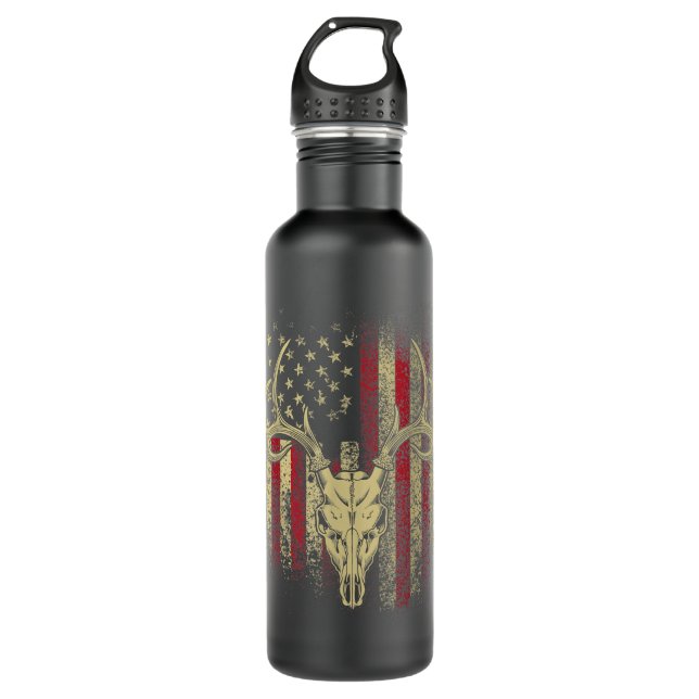 Deer Hunters Deer Skull on American Flag   710 Ml Water Bottle (Front)