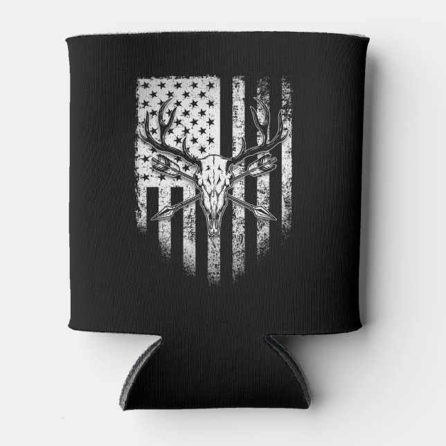 Deer Hunters Deer Skull on American Flag Can Cooler (Front)