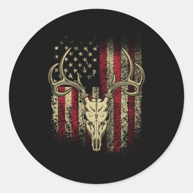 Deer Hunters Deer Skull On American Flag Classic Round Sticker (Front)