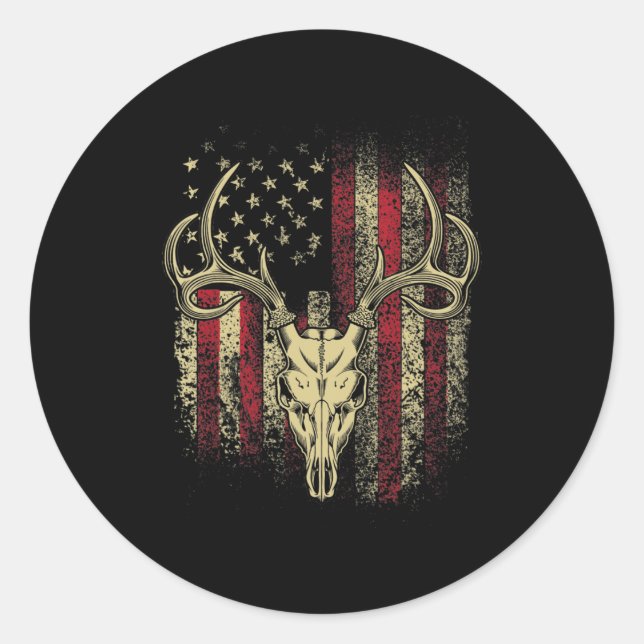 Deer Hunters Deer Skull on American Flag  Classic Round Sticker (Front)