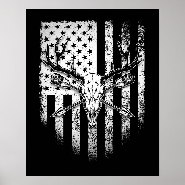 Deer Hunters Deer Skull on American Flag Poster (Front)