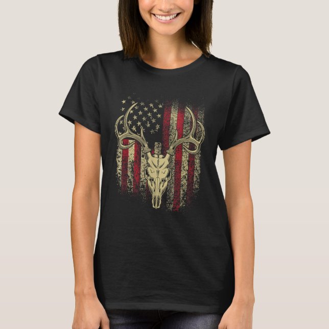 Deer Hunters Deer Skull on American Flag T-Shirt (Front)