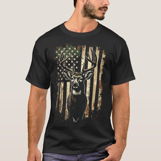 Deer Hunting American Flag  T-Shirt (Front)