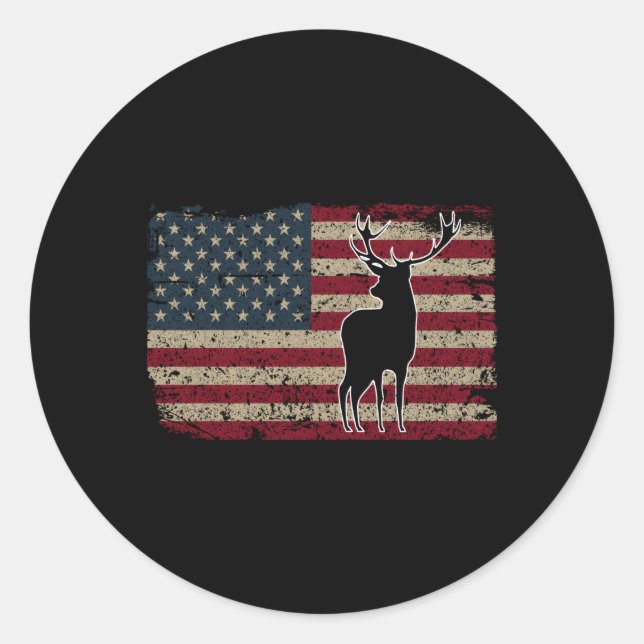 Deer Hunting American Flag Usa Proud Hunter Classic Round Sticker (Front)