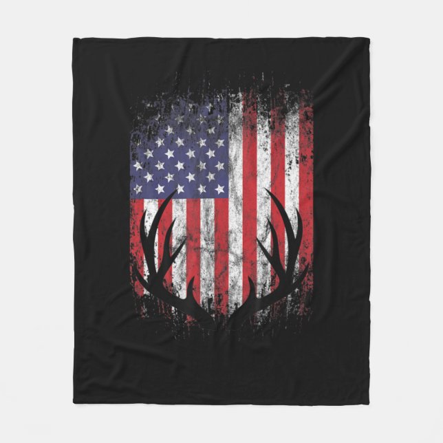 Deer Hunting American Flag Whitetail Buck Antlers  Fleece Blanket (Front)