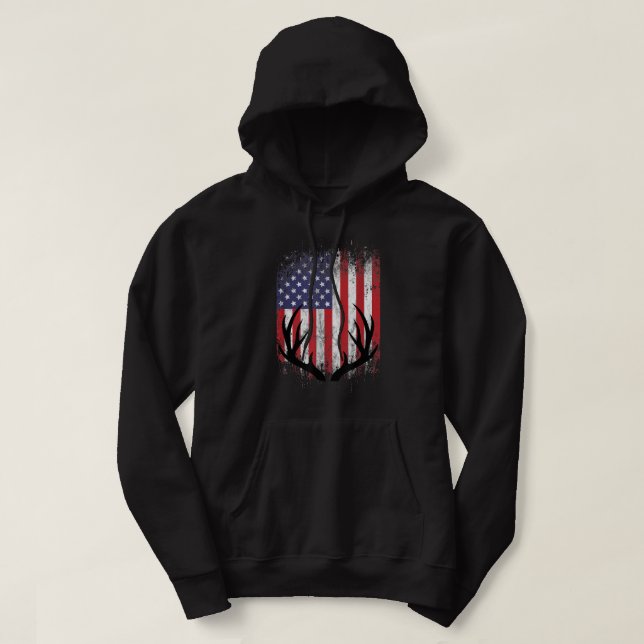 Deer Hunting American Flag Whitetail Buck Antlers  Hoodie (Design Front)