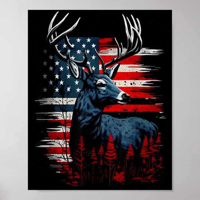 Deer Hunting American Flag Whitetail Buck Antlers  Poster (Front)