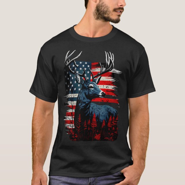 Deer Hunting American Flag Whitetail Buck Antlers  T-Shirt (Front)
