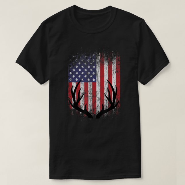 Deer Hunting American Flag Whitetail Buck Antlers  T-Shirt (Design Front)