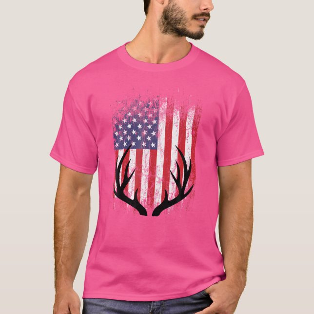 Deer Hunting American Flag Whitetail Buck Antlers T-Shirt (Front)