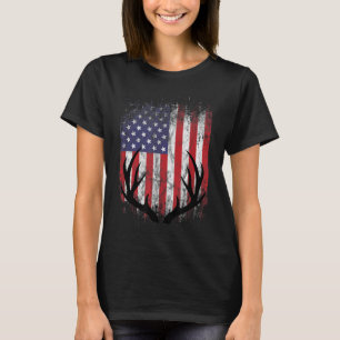 Deer Hunting American Flag Whitetail Buck Antlers T-Shirt