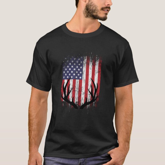 Deer Hunting American Flag Whitetail Buck Antlers T-Shirt (Front)