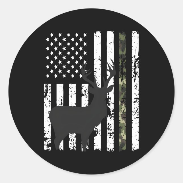 Deer Hunting American Flag Whitetail Buck Camo Classic Round Sticker (Front)