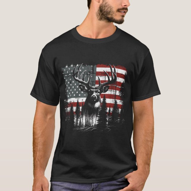 Deer Hunting American Flag Whitetail Buck  T-Shirt (Front)