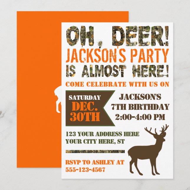Deer Hunting Birthday Invitation | Camo Party (Front/Back)