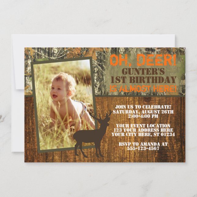Deer Hunting Birthday Invitation with Photo - Camo (Front)