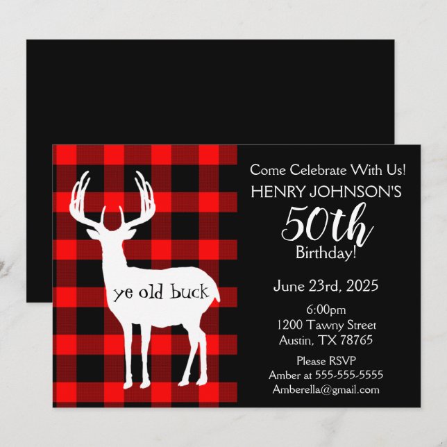 Deer Hunting Buffalo Plaid Themed 50th Birthday Invitation (Front/Back)