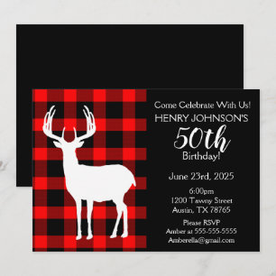 Deer Hunting Buffalo Plaid Themed 50th Birthday Invitation